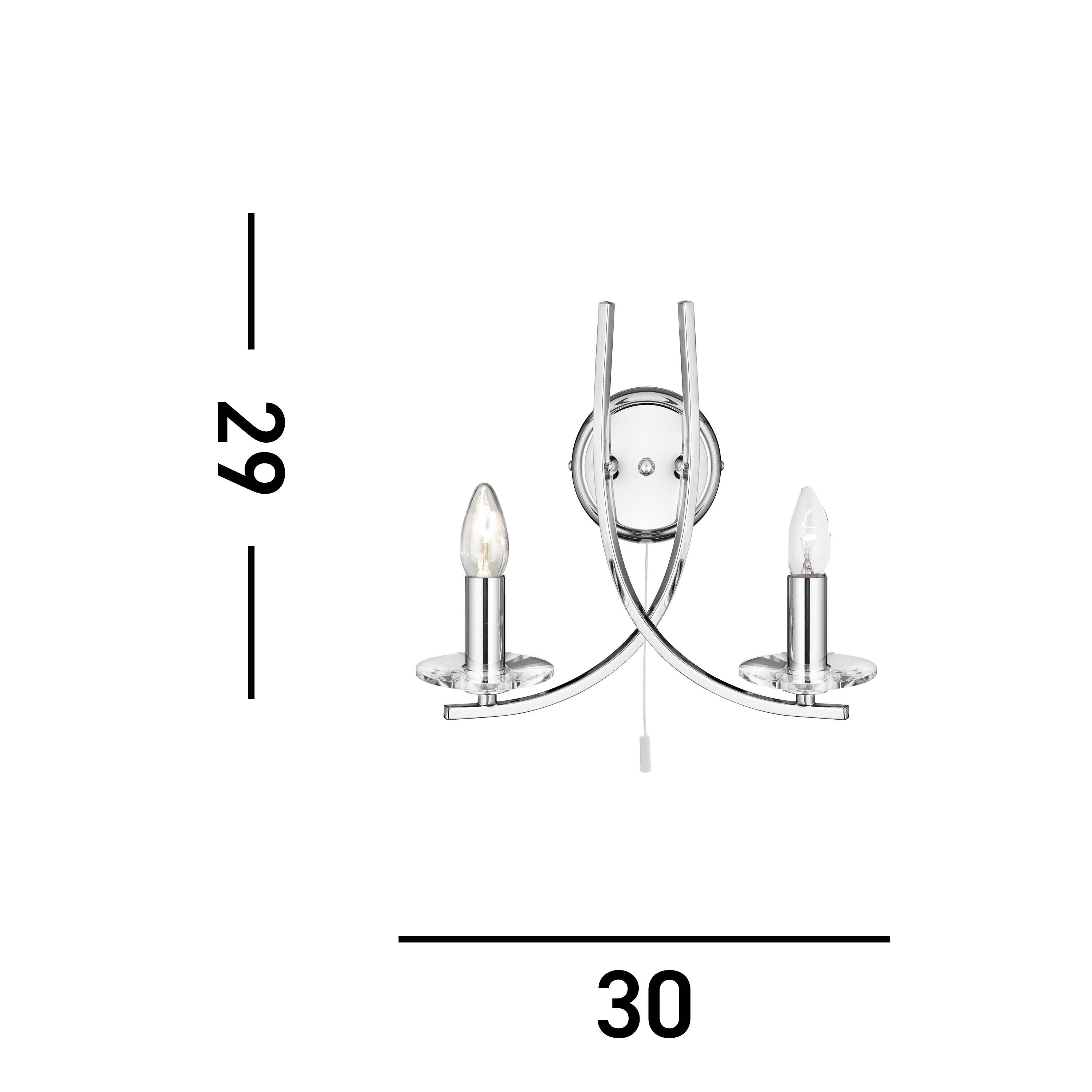 A chrome wall light with two candle-style bulbs, dimensions 29cm high by 30cm wide.