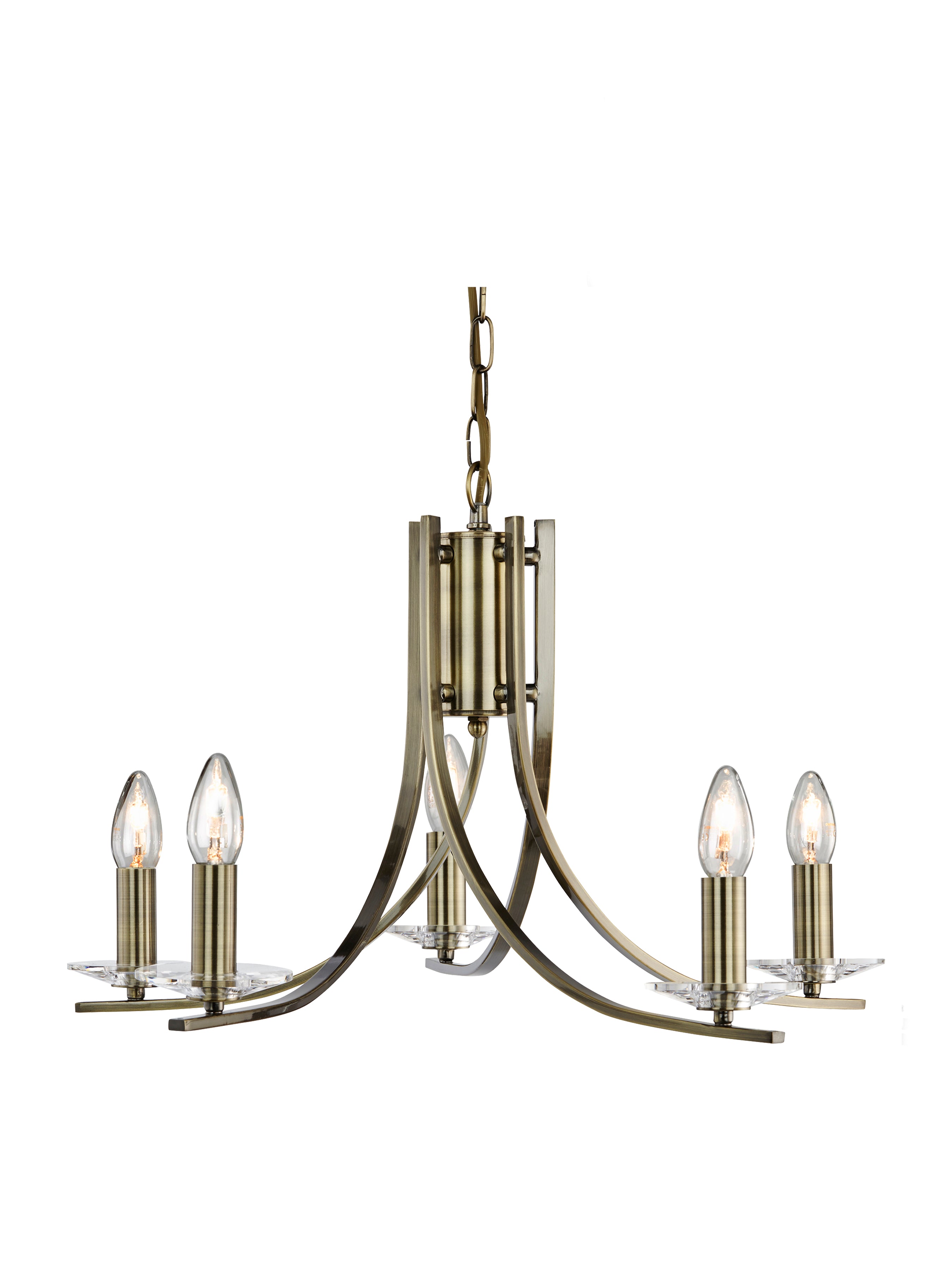 An antique brass chandelier with five lights, clear glass accents, and a central column.