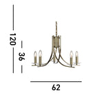 Diagram showing the dimensions of the antique brass chandelier with five lights.