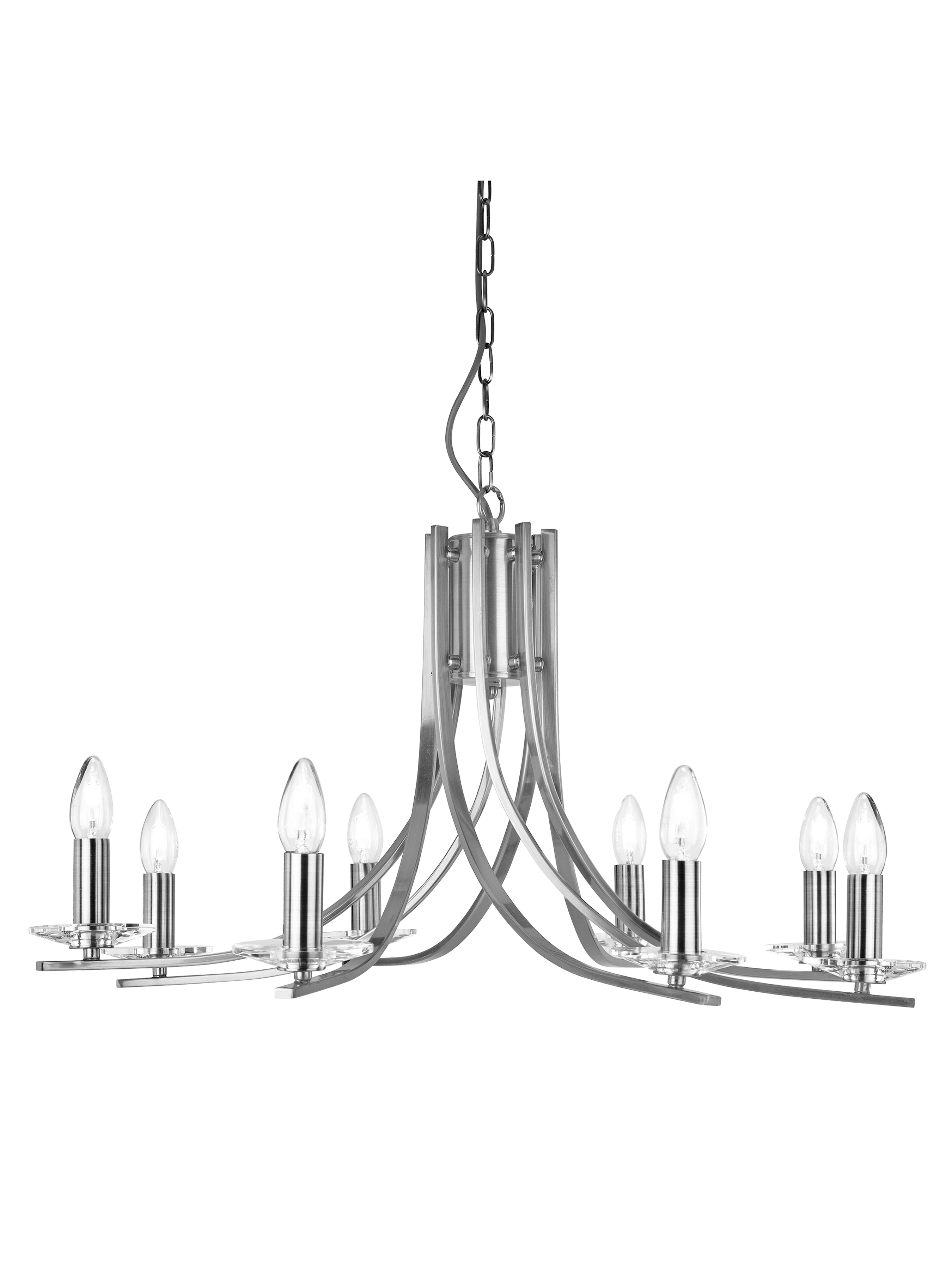 Sleek chrome chandelier with multiple candle-style bulbs, ideal for modern interiors.