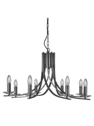 A contemporary chandelier featuring a dark chrome finish and eight exposed candle bulbs.