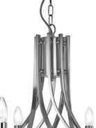 Close-up of a contemporary chandelier's chrome base with curved arms and exposed bulbs.
