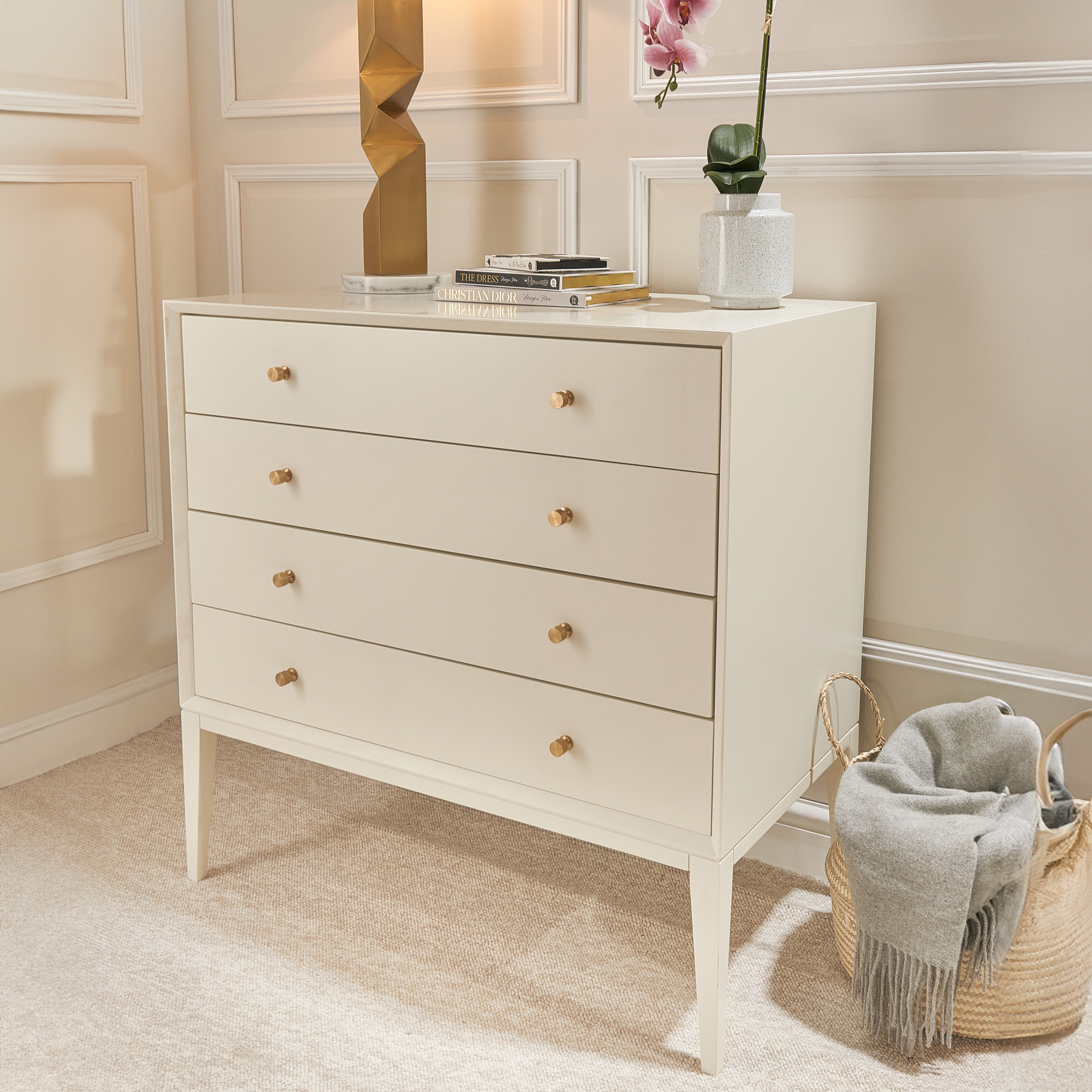 Celaine White Painted Wood Chest Of Drawers with Gold Handles by RV Astley