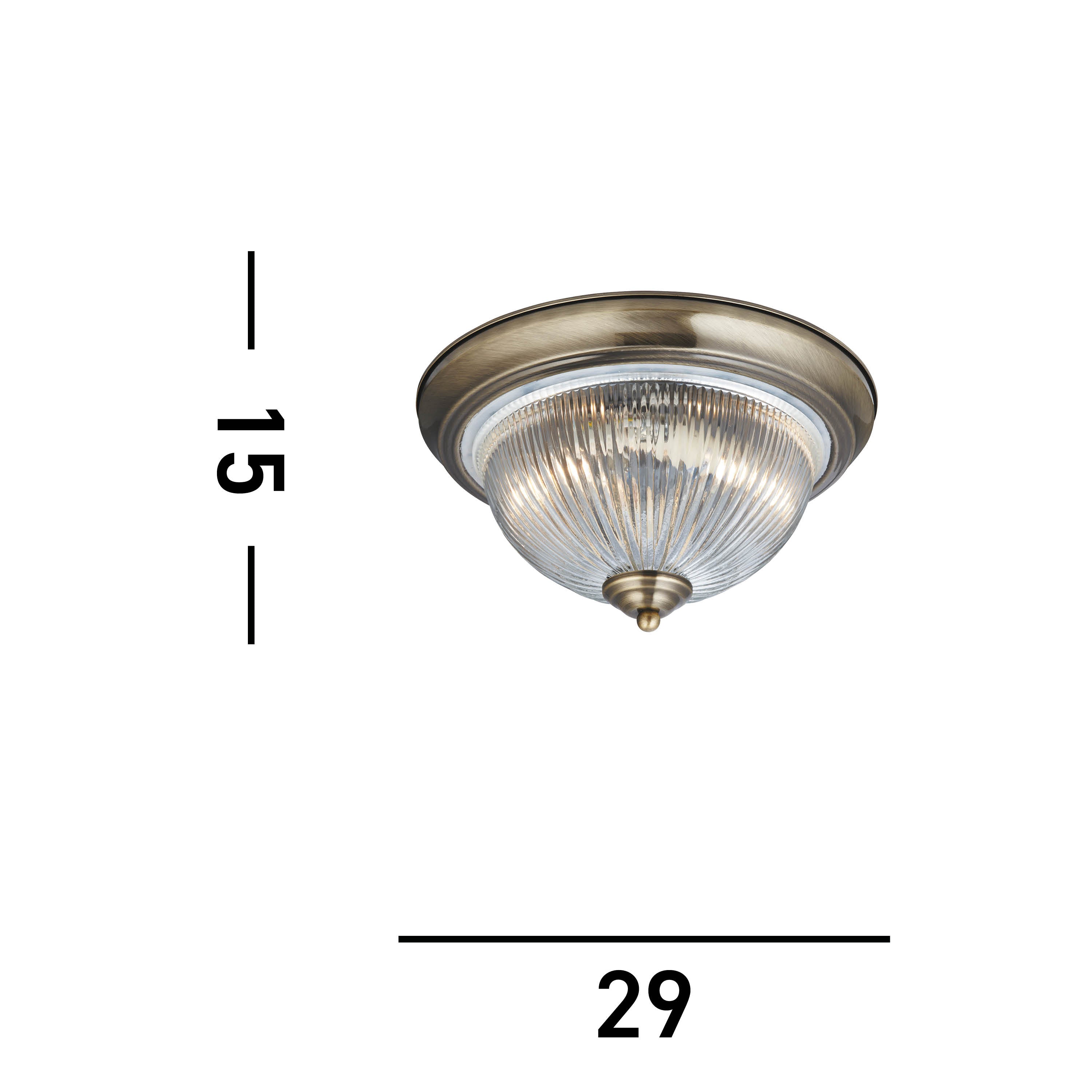 A diagram of the antique brass ceiling light, showing a width of 29cm and a height of 15cm.