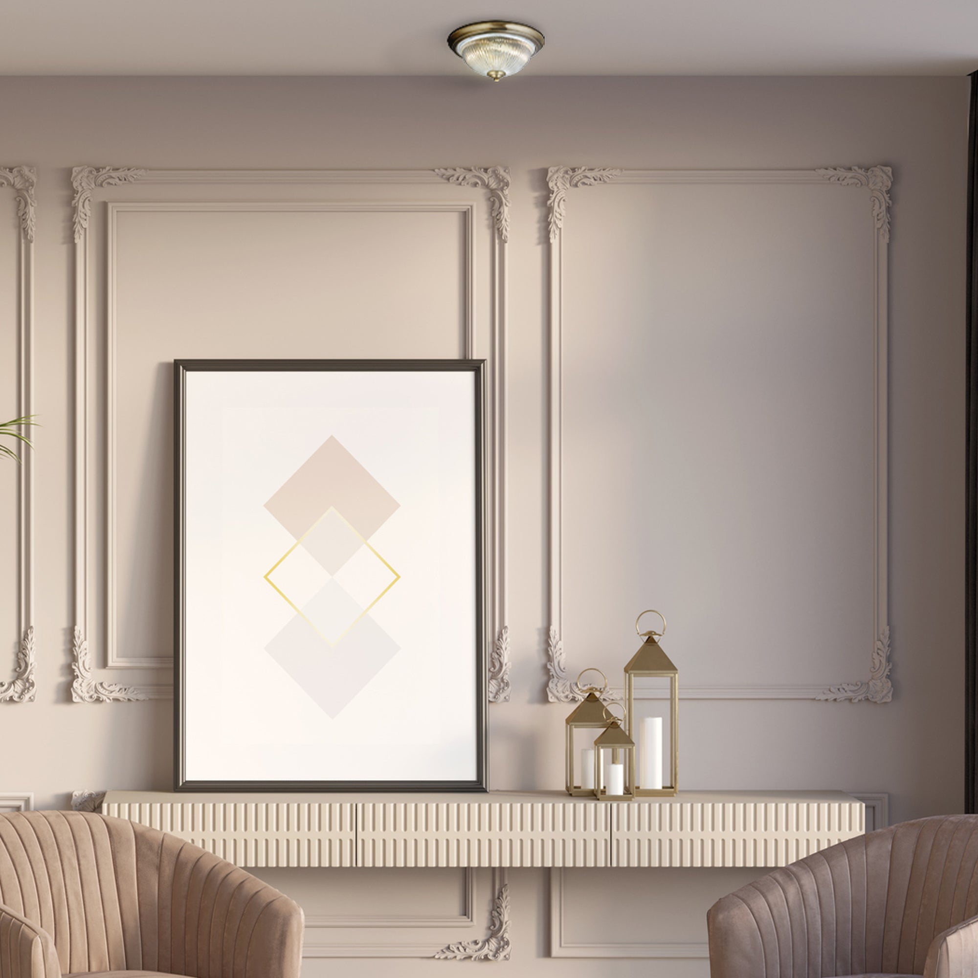 A flush mount light fixture illuminating a stylish living room with beige walls and armchairs.