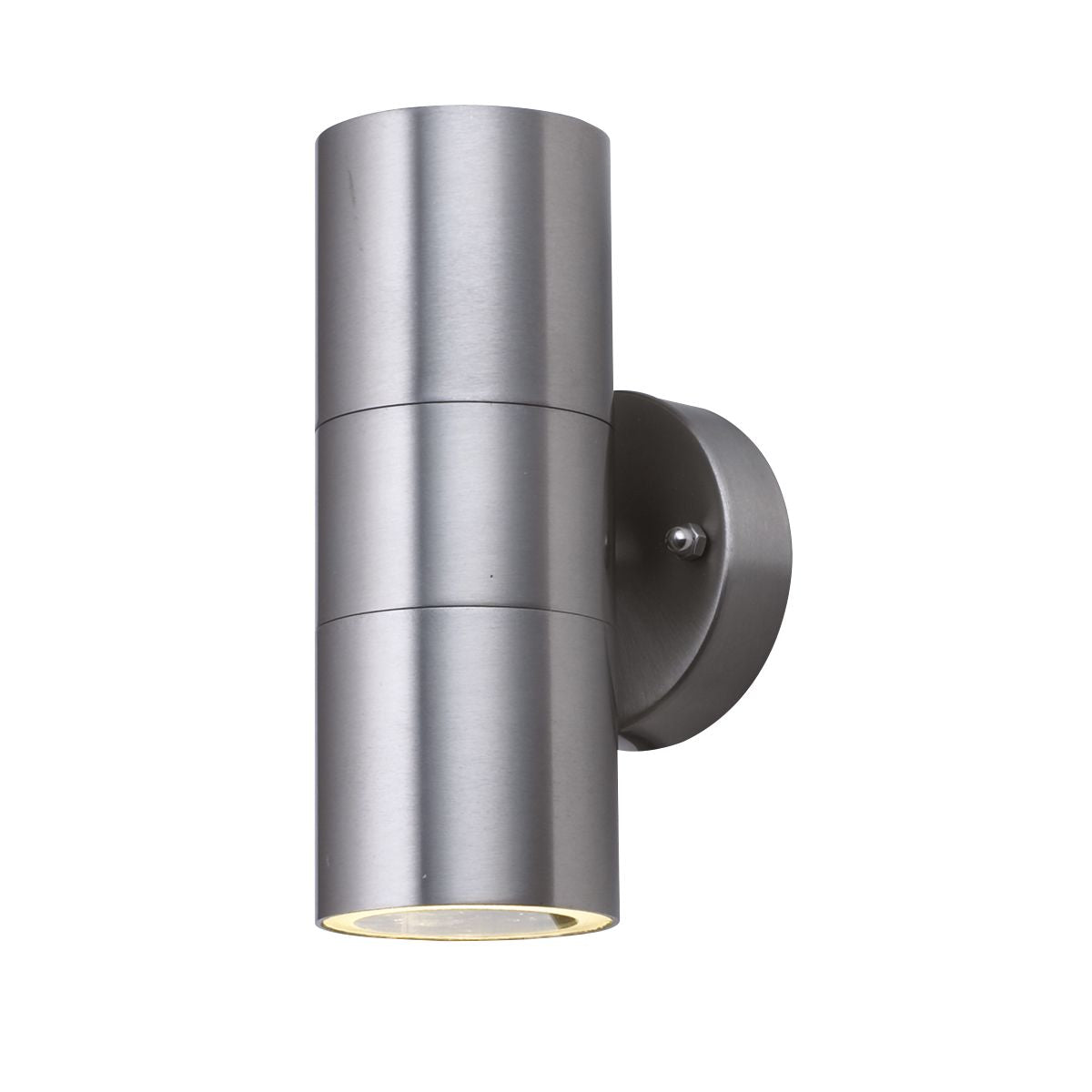 A modern, cylindrical brushed steel outdoor wall light with an upward and downward beam.