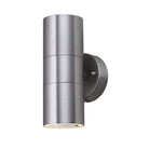 A modern, cylindrical brushed steel outdoor wall light with an upward and downward beam.
