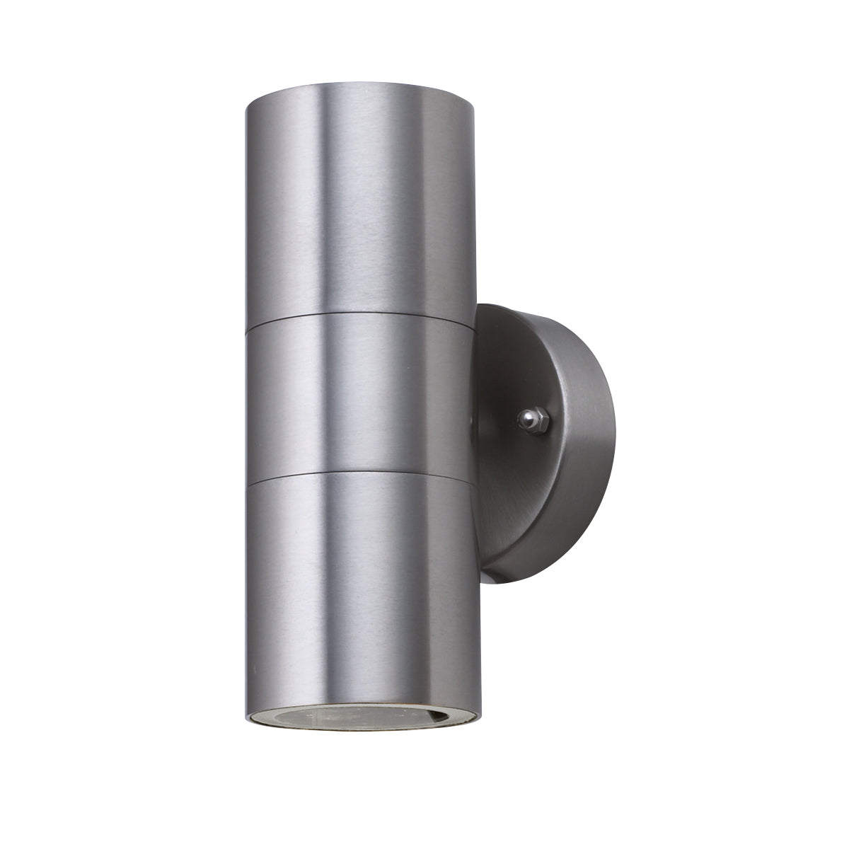 A modern, cylindrical brushed steel outdoor wall light with an upward and downward beam.