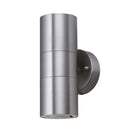 A modern, cylindrical brushed steel outdoor wall light with an upward and downward beam.