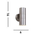 Diagram of a modern, cylindrical brushed steel outdoor wall light with measurements.