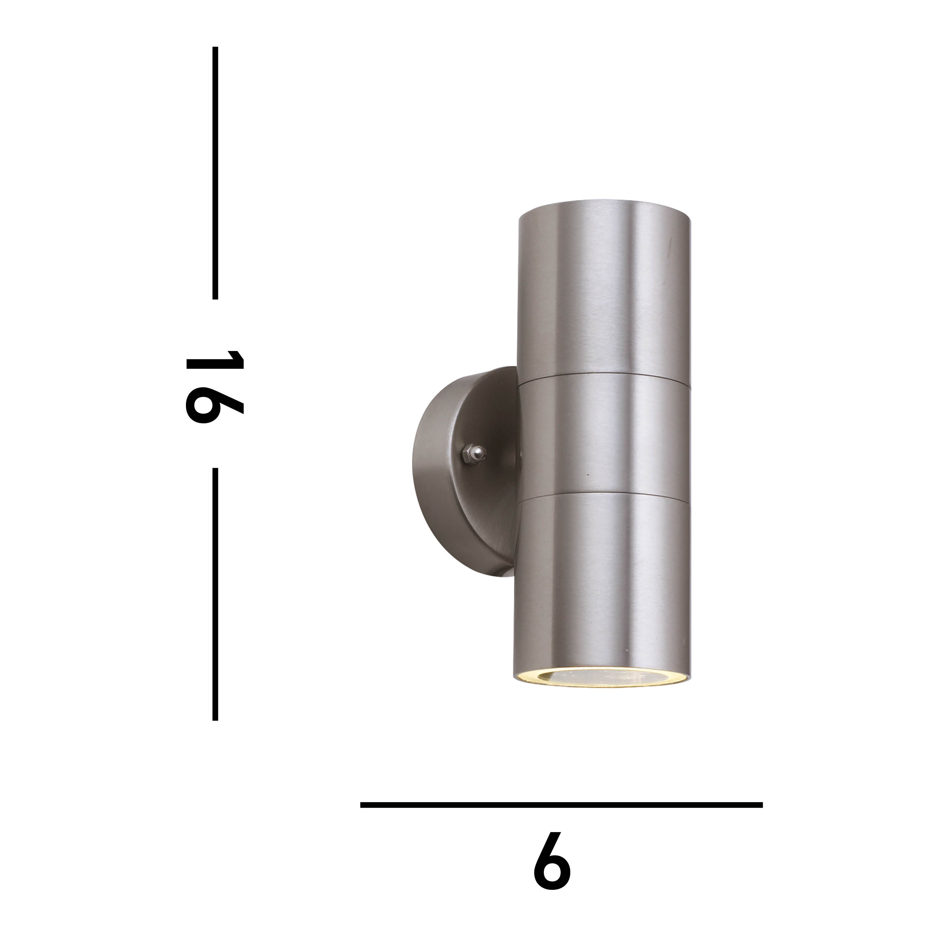 Diagram of a modern, cylindrical brushed steel outdoor wall light with measurements.