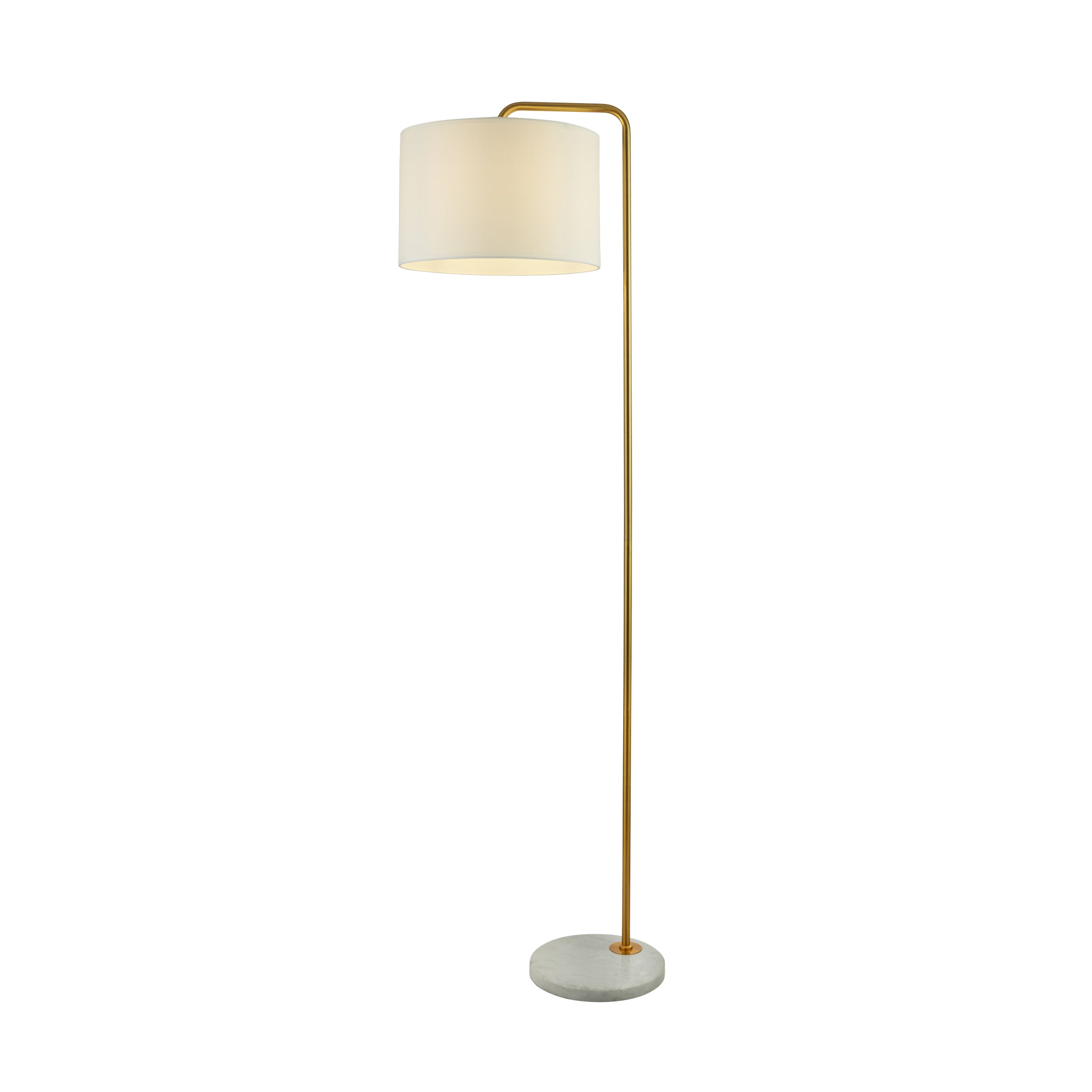 An elegant floor lamp with a gold stand, round base, and cream drum shade, illuminated against a white background.