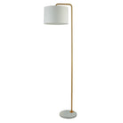 A modern floor lamp featuring a slender gold stand, a white drum shade, and a round white marble base.