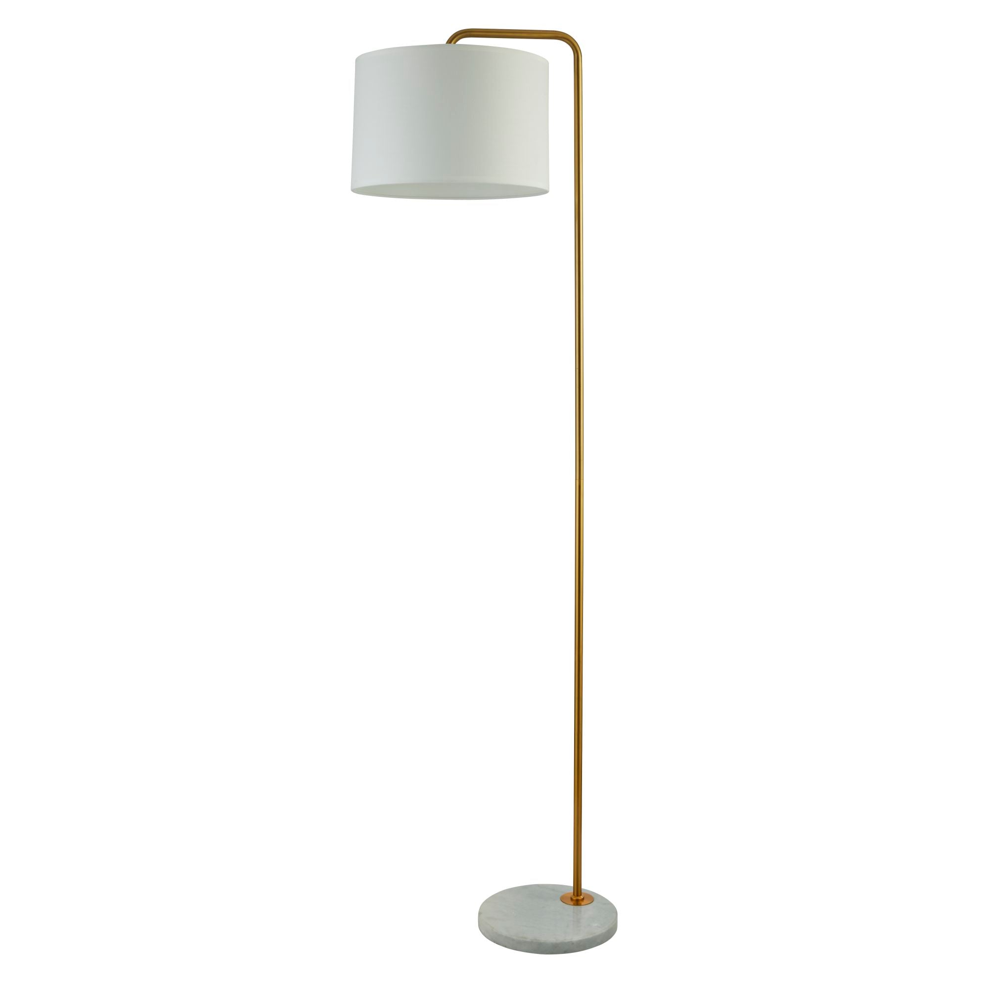 A modern floor lamp featuring a slender gold stand, a white drum shade, and a round white marble base.