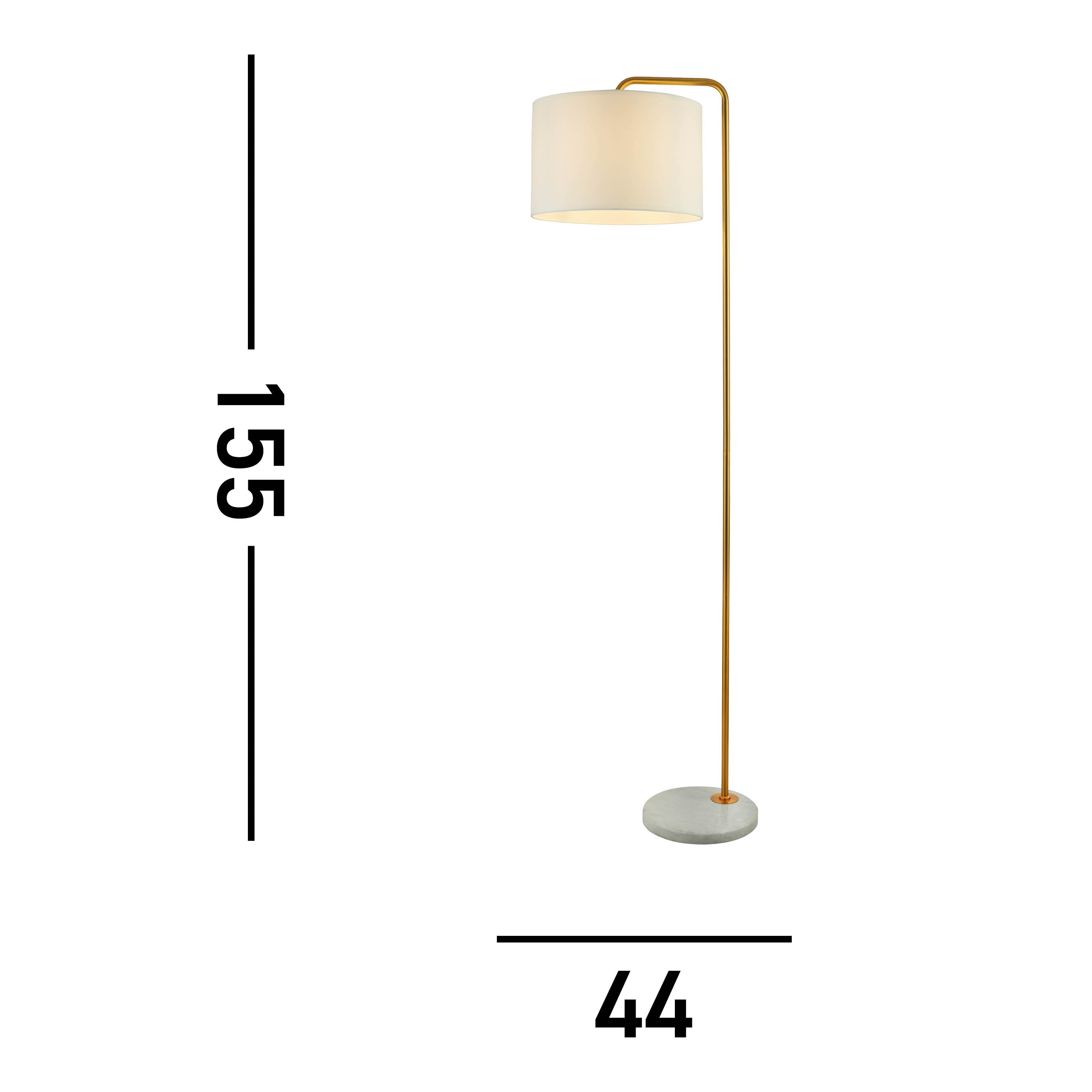 A floor lamp with gold stand and white shade, with measurements indicating a height of 155cm.