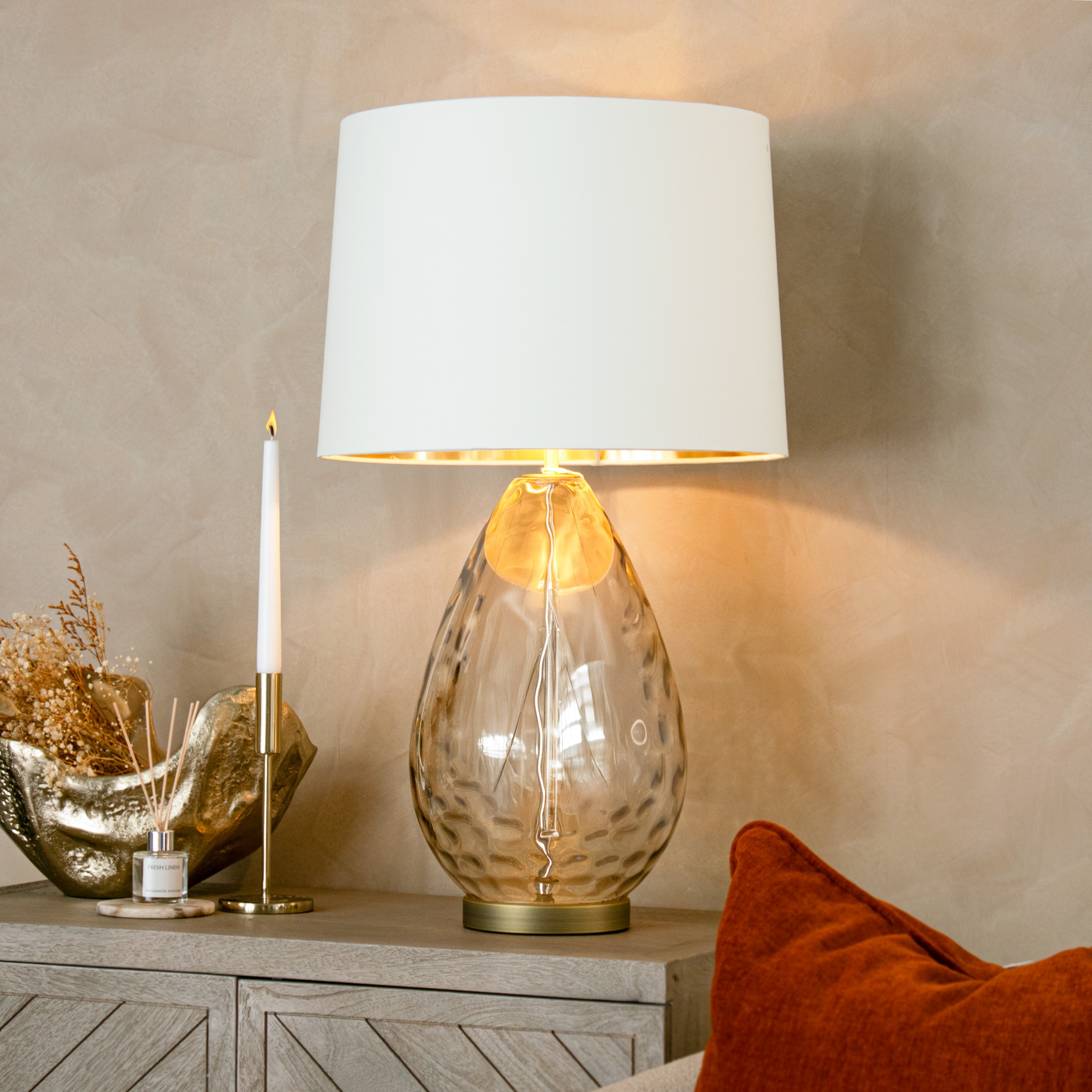 Riom Antique Brass & Cognac Glass Table Lamp by RV Astley