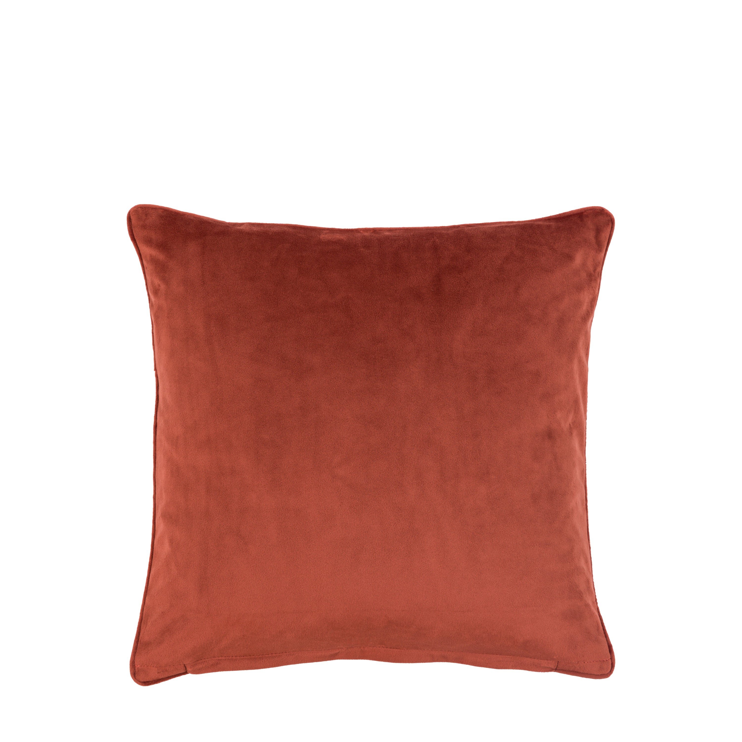 A plain rust-colored velvet cushion on a white background.