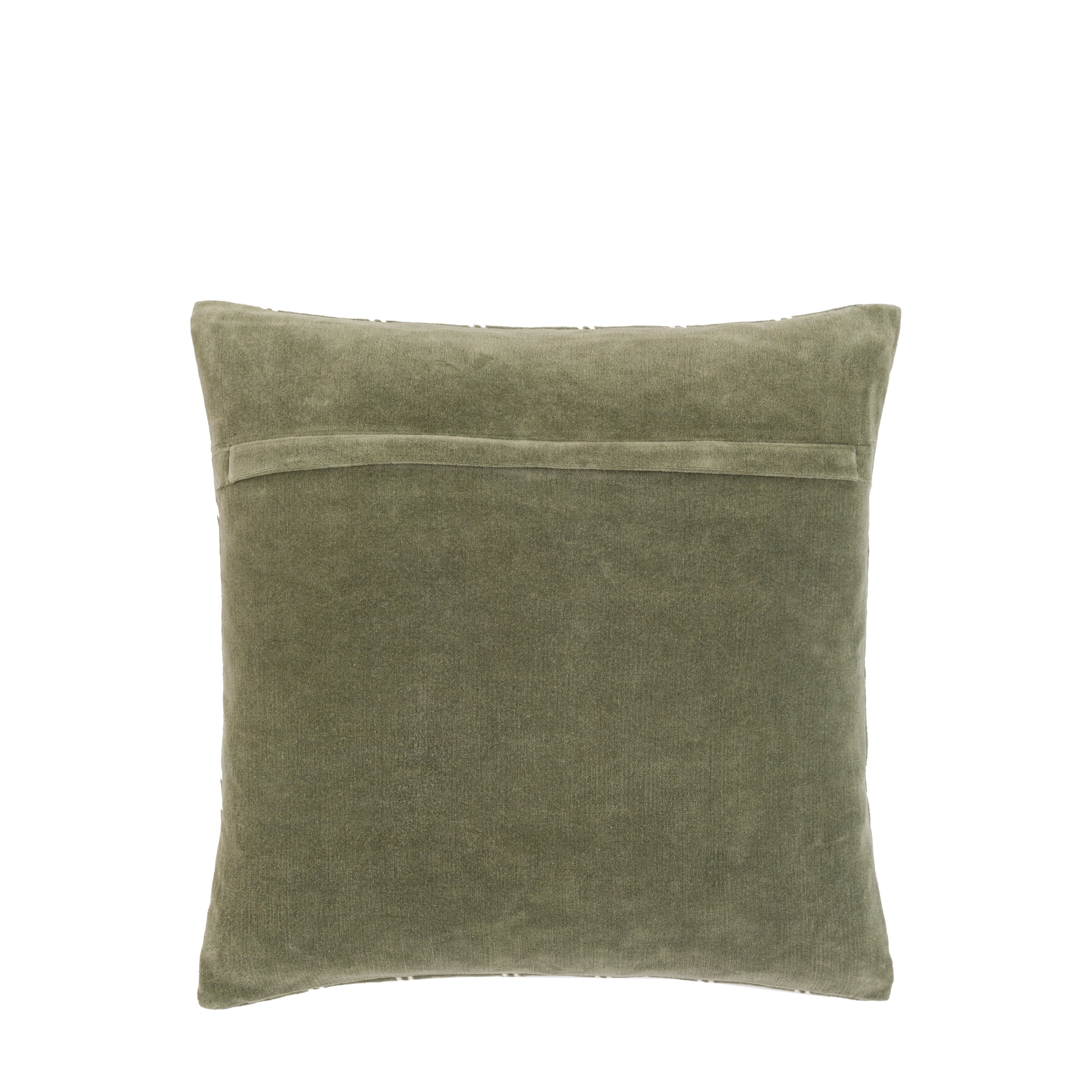 Back of the olive green decorative pillow.