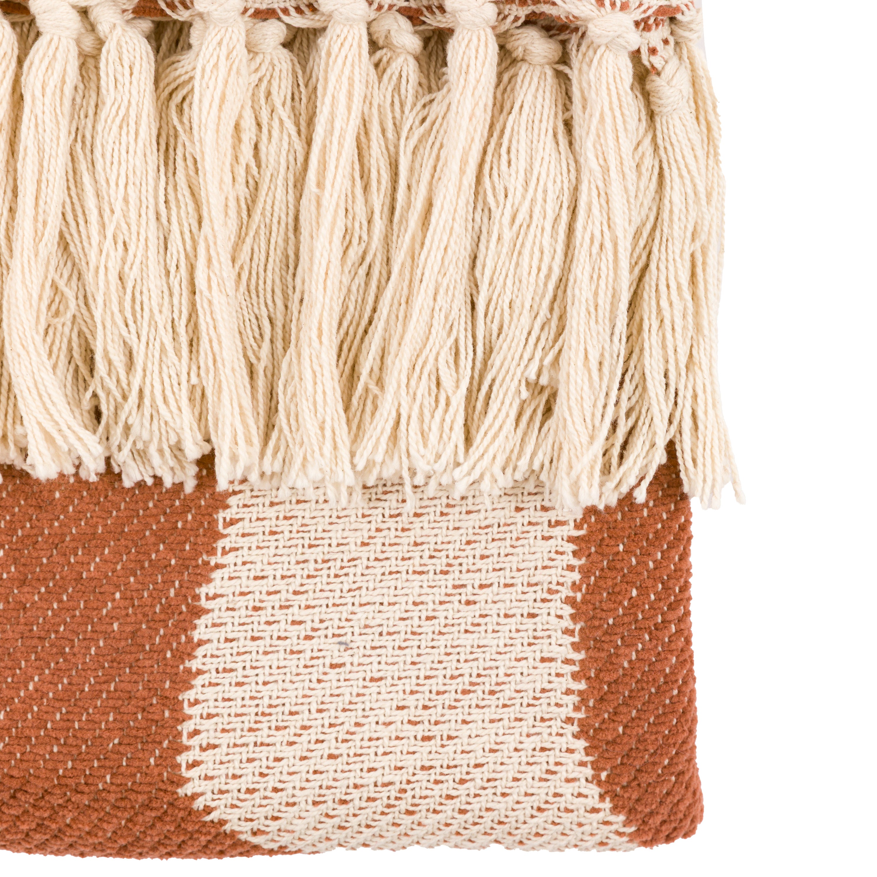 Close-up of the fringe and abstract pattern on a boho throw blanket.