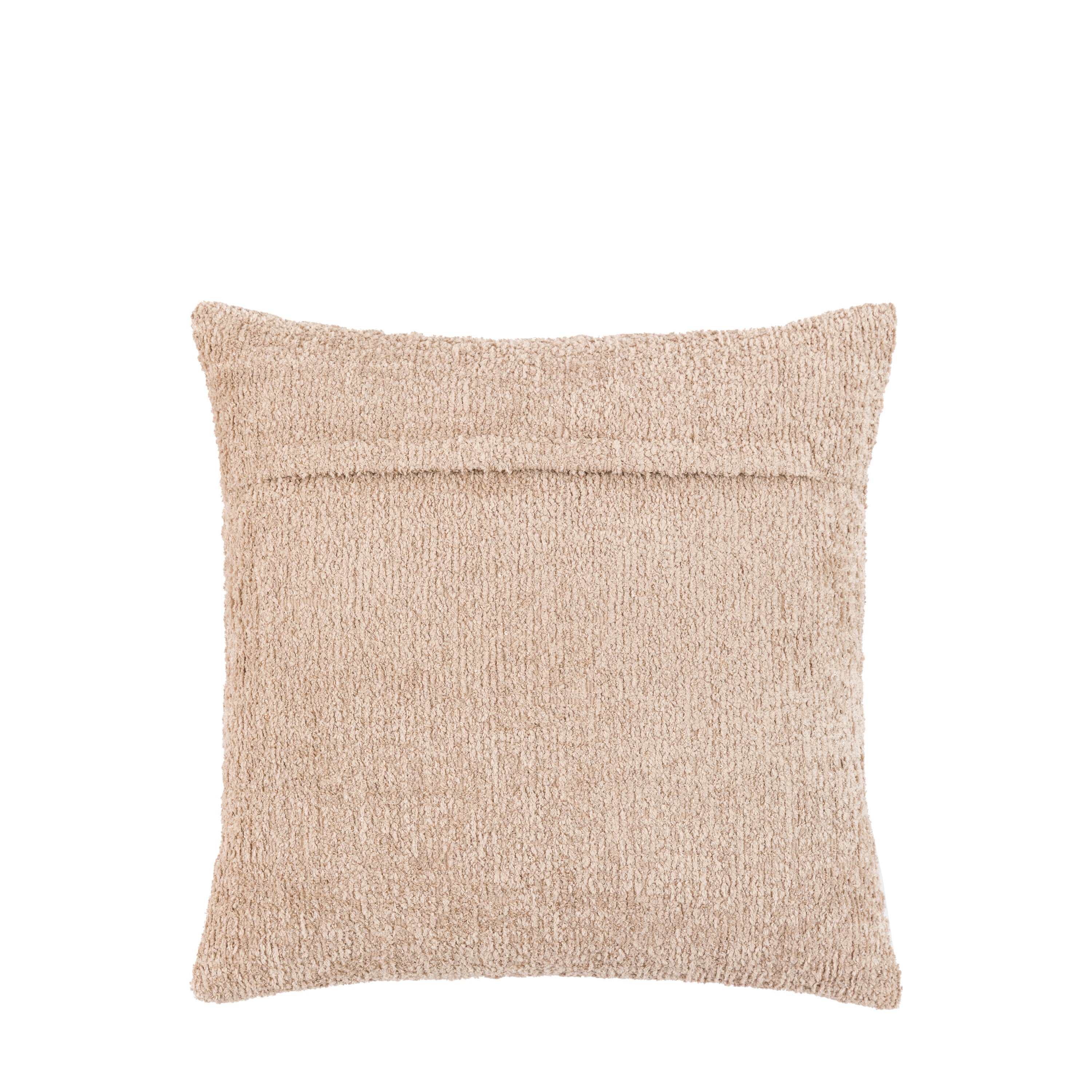 The back of a textured bouclé throw pillow in beige, featuring an envelope closure.