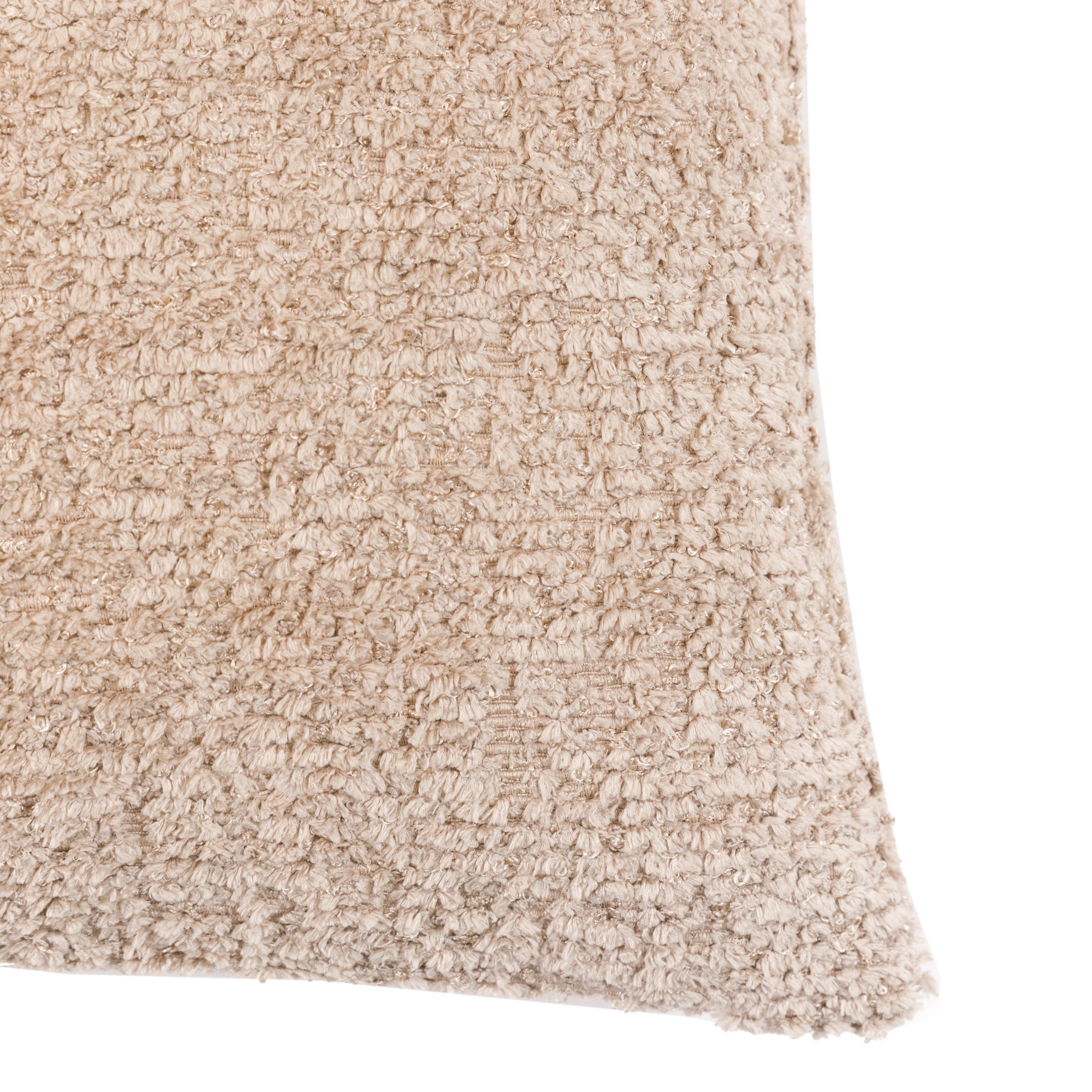 A detailed close-up of the beige bouclé fabric, showing its soft, looped texture.