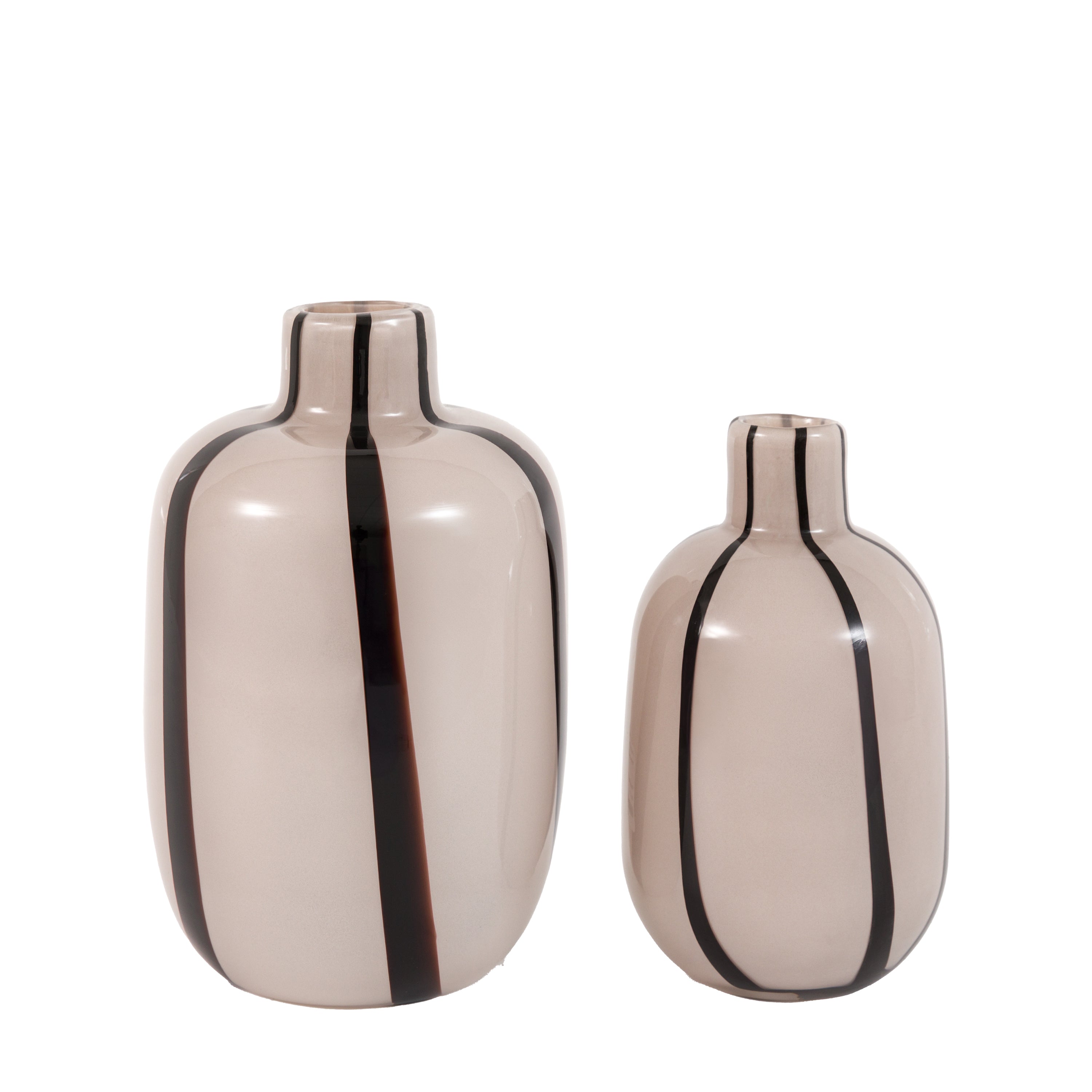 Two off-white vases with vertical black stripes in different sizes.