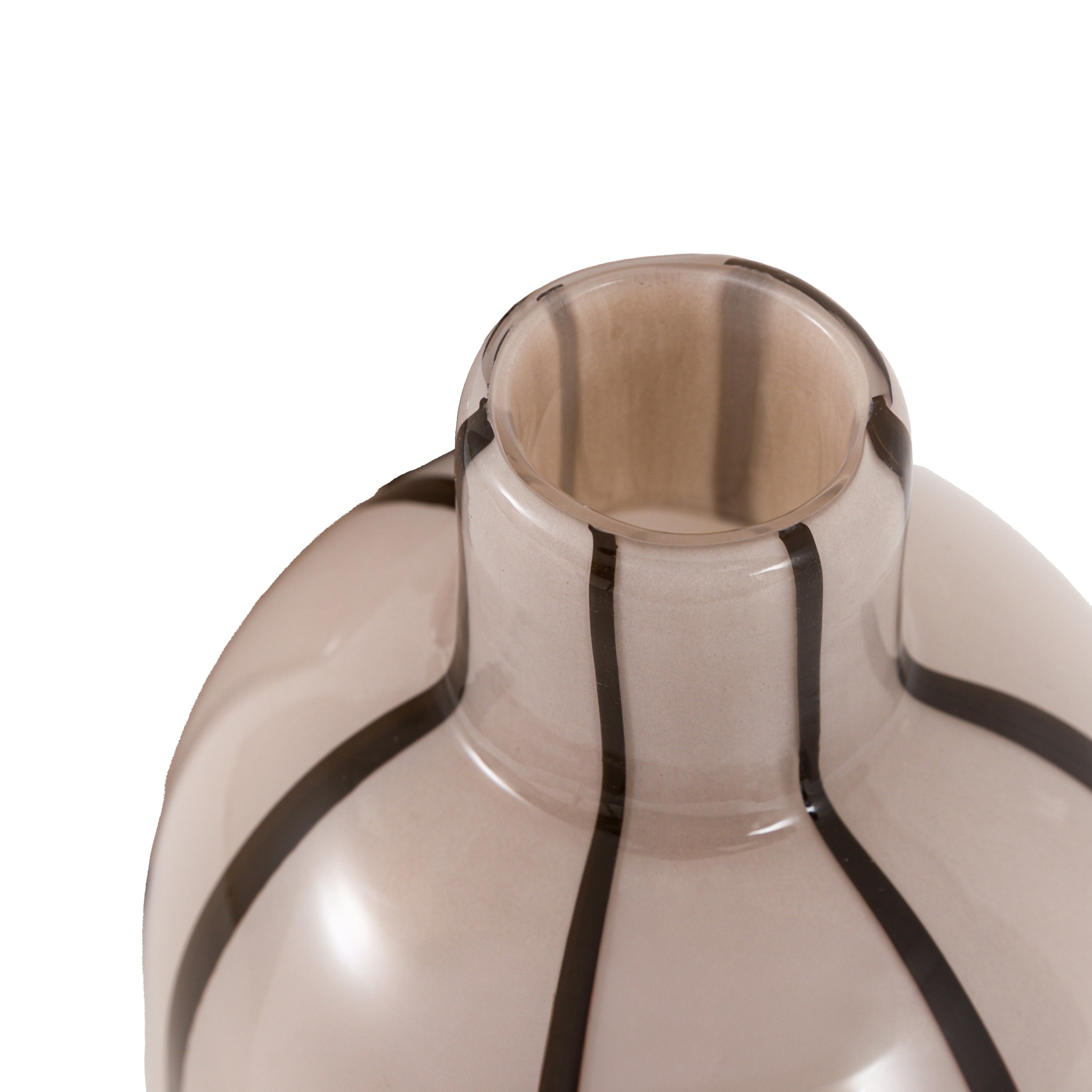 Close-up of the opening of an off-white vase with vertical black stripes.