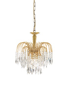 A hanging gold chandelier with numerous crystal pendants of varying lengths.