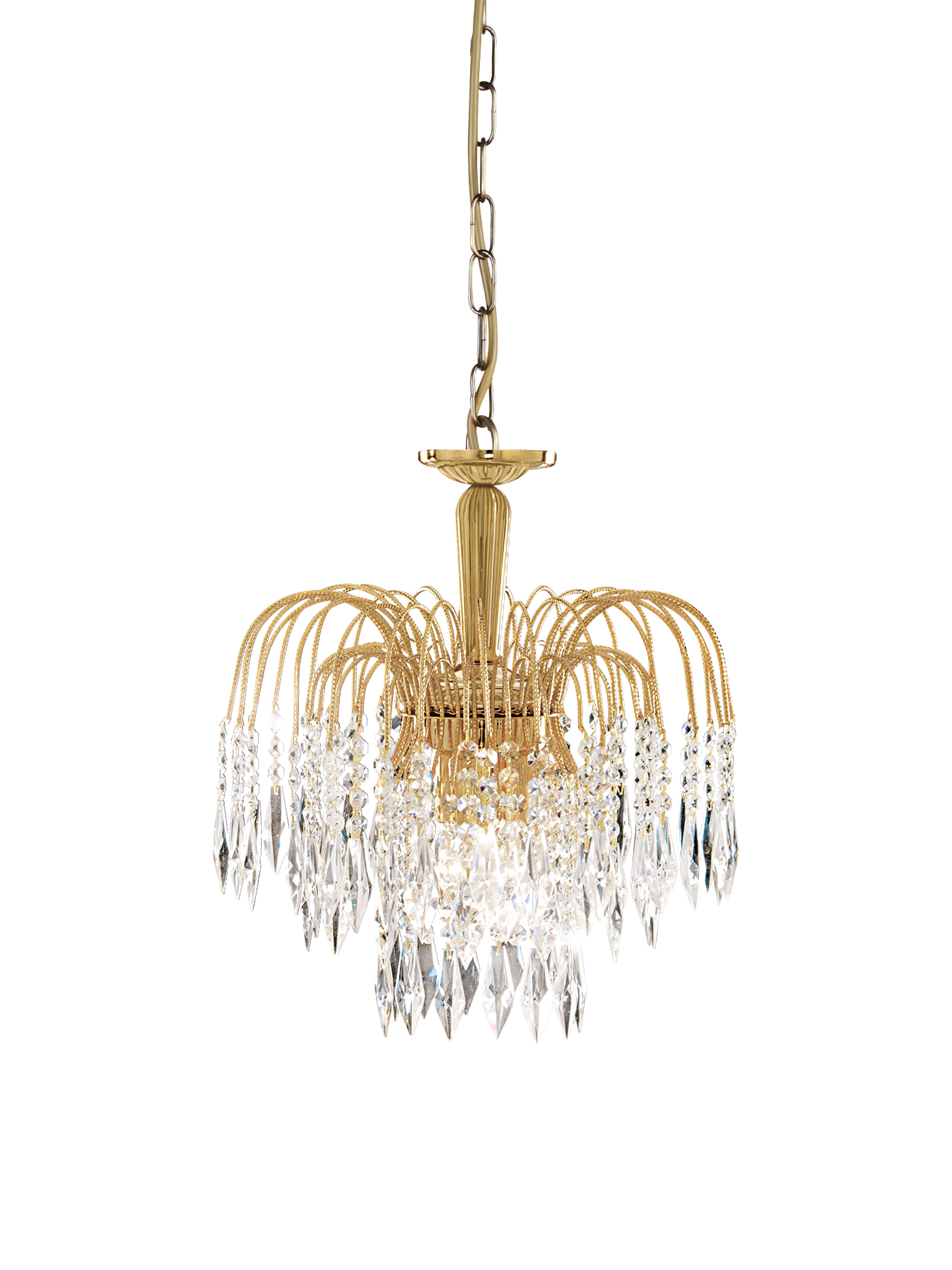A hanging gold chandelier with numerous crystal pendants of varying lengths.