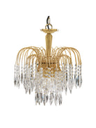 A gold chandelier with multiple tiers of shimmering crystal pendants.