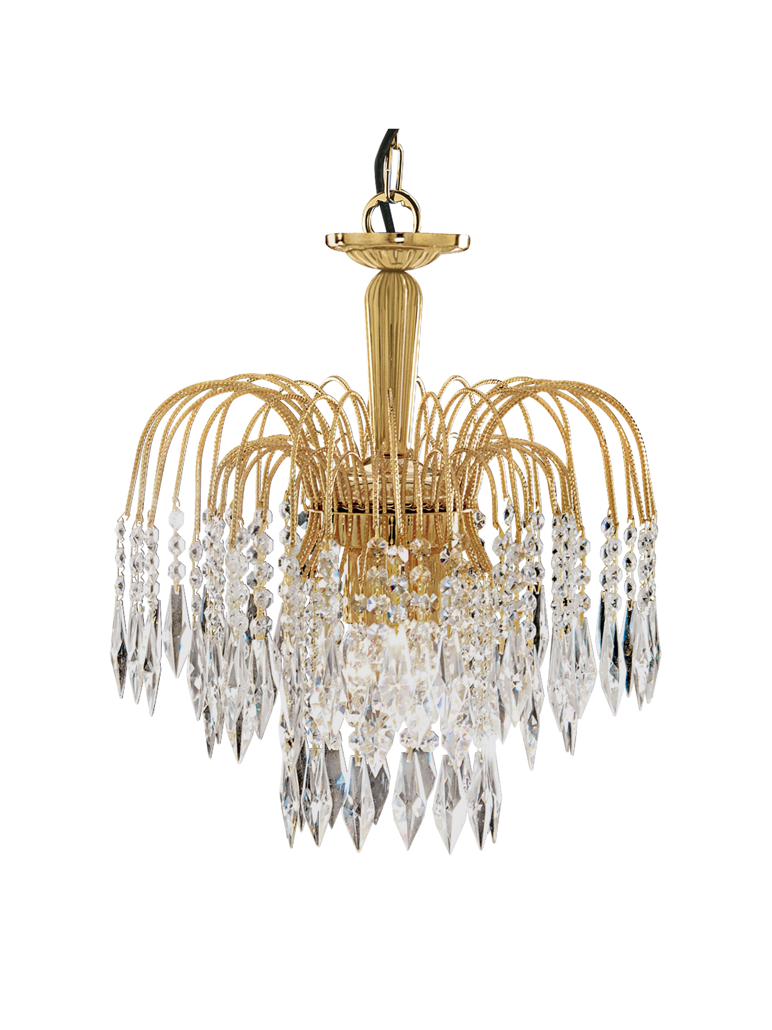 A gold chandelier with multiple tiers of shimmering crystal pendants.
