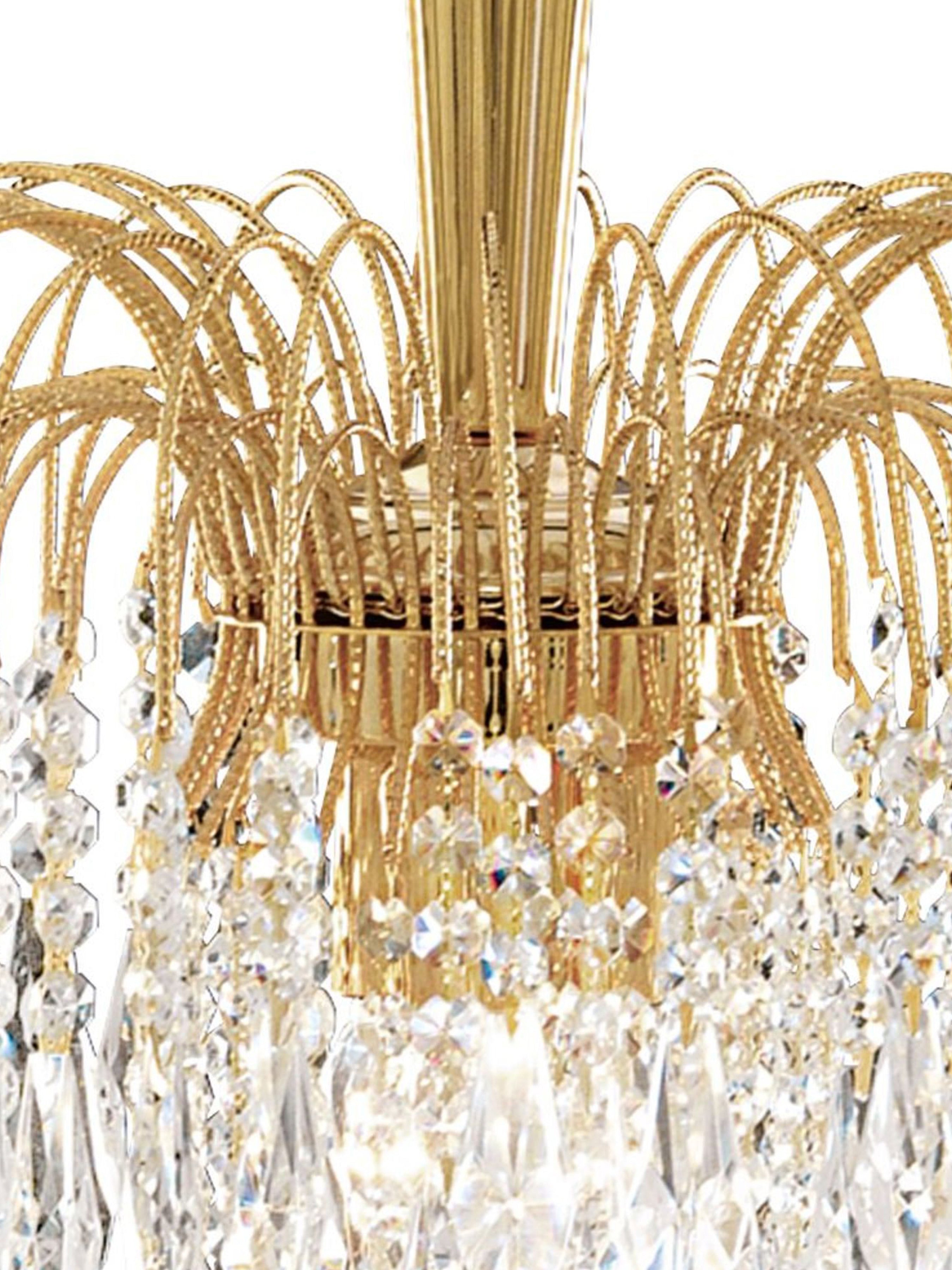 Close-up of the chandelier's intricate gold frame and sparkling crystal details.