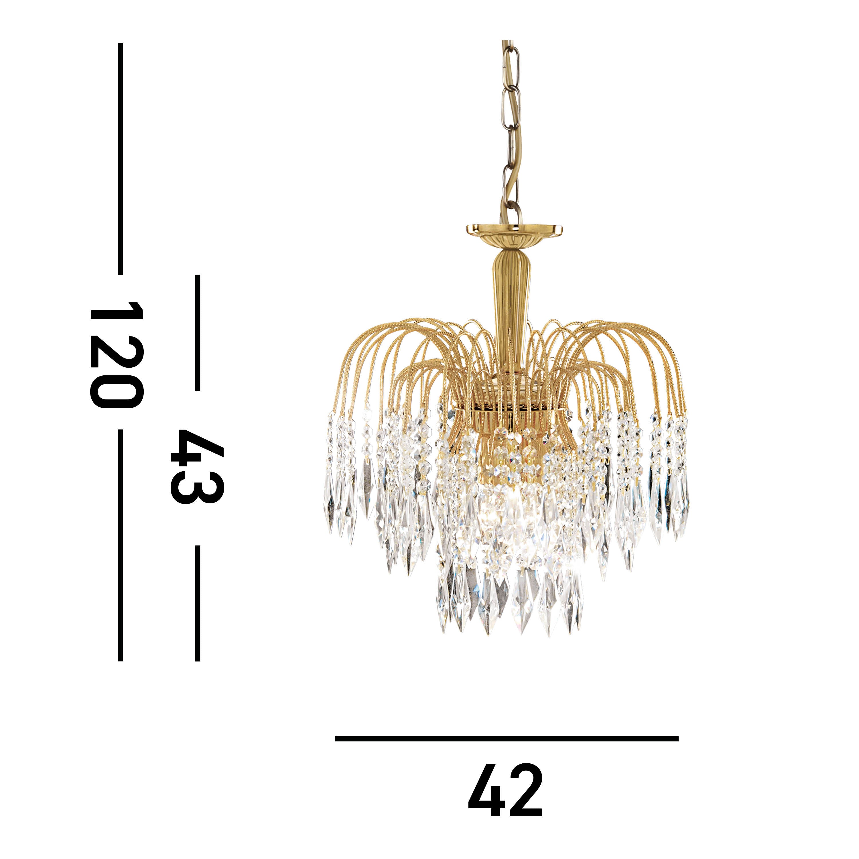 A gold chandelier with dimensions labeled as 120cm height, 43cm body height, and 42cm width.