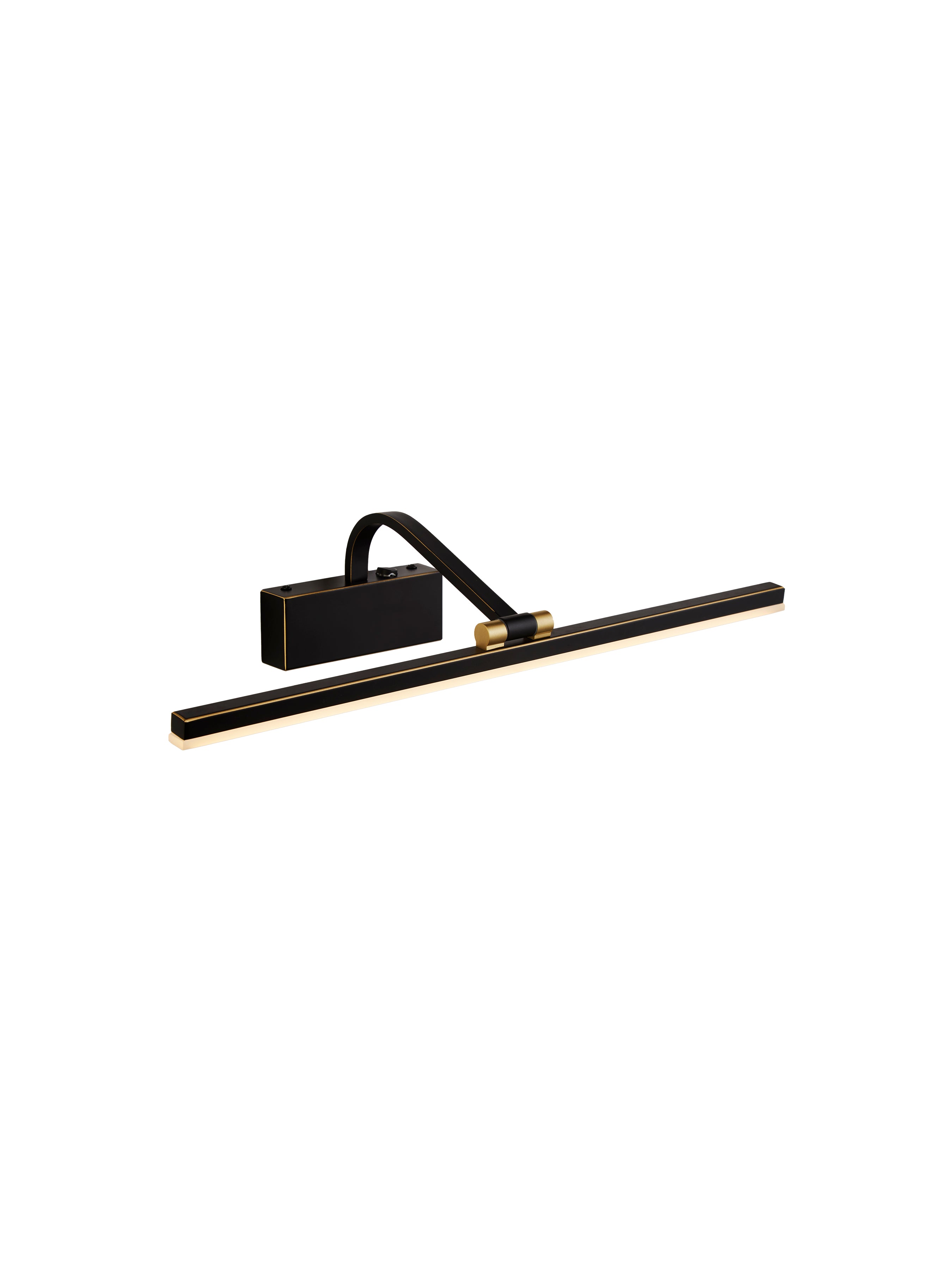 Black and gold picture light. The light is rectangular in shape, and the bar is illuminated.