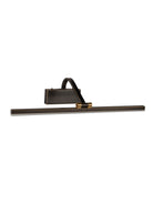 Black and gold picture light. The light is rectangular in shape, and the bar is not illuminated.