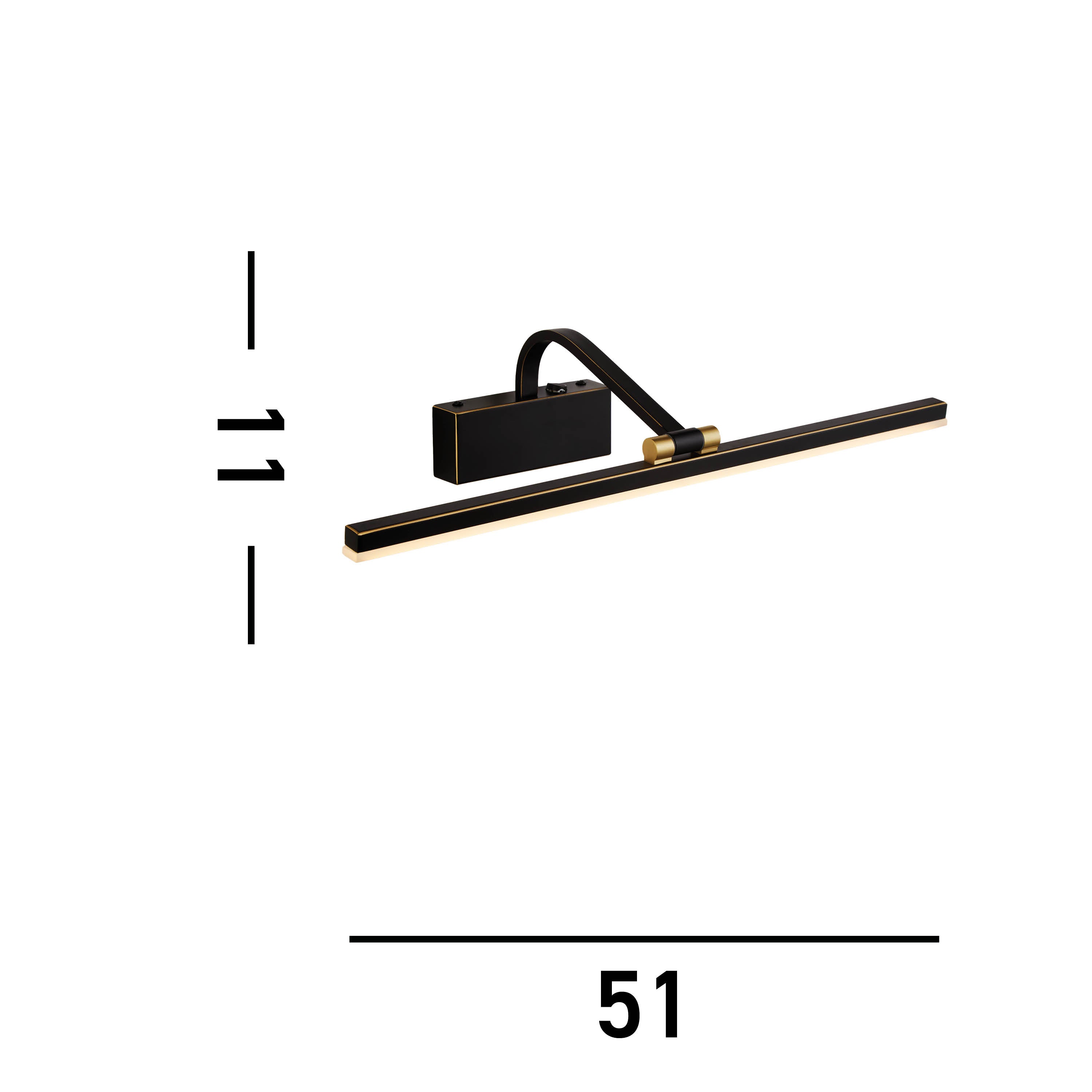 Diagram of the black and gold picture light, with measurements of 51cm and 11cm.