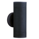 A black cylindrical outdoor wall light with two light sources, pointing up and down.
