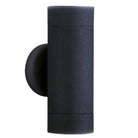 A sleek, black, cylindrical outdoor light fixture for wall mounting, casting light up and down.