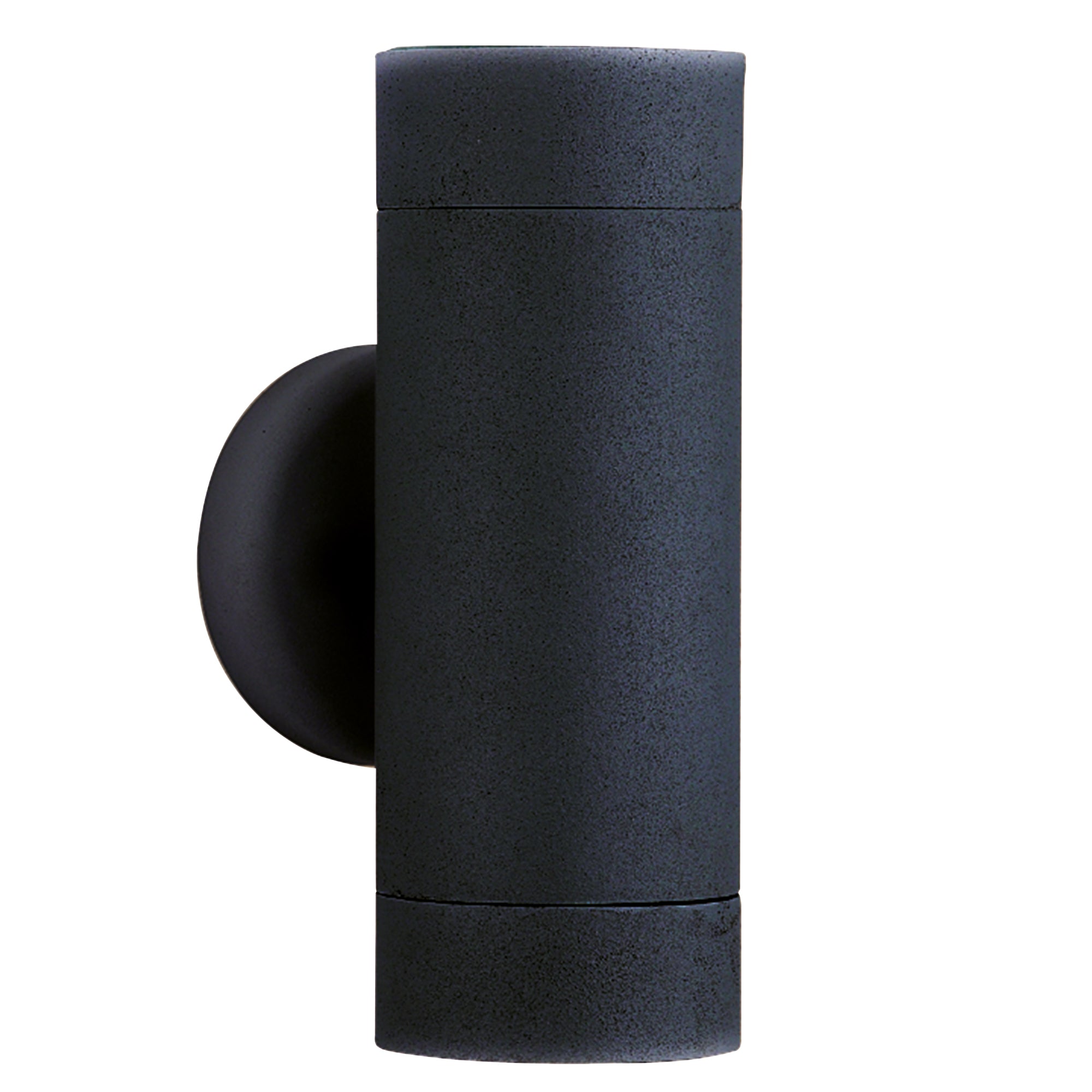 A sleek, black, cylindrical outdoor light fixture for wall mounting, casting light up and down.