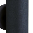 A close-up of the textured black finish of a cylindrical outdoor wall light.