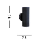 A black cylindrical outdoor wall light with measurements of 16cm height and 7.5cm width.
