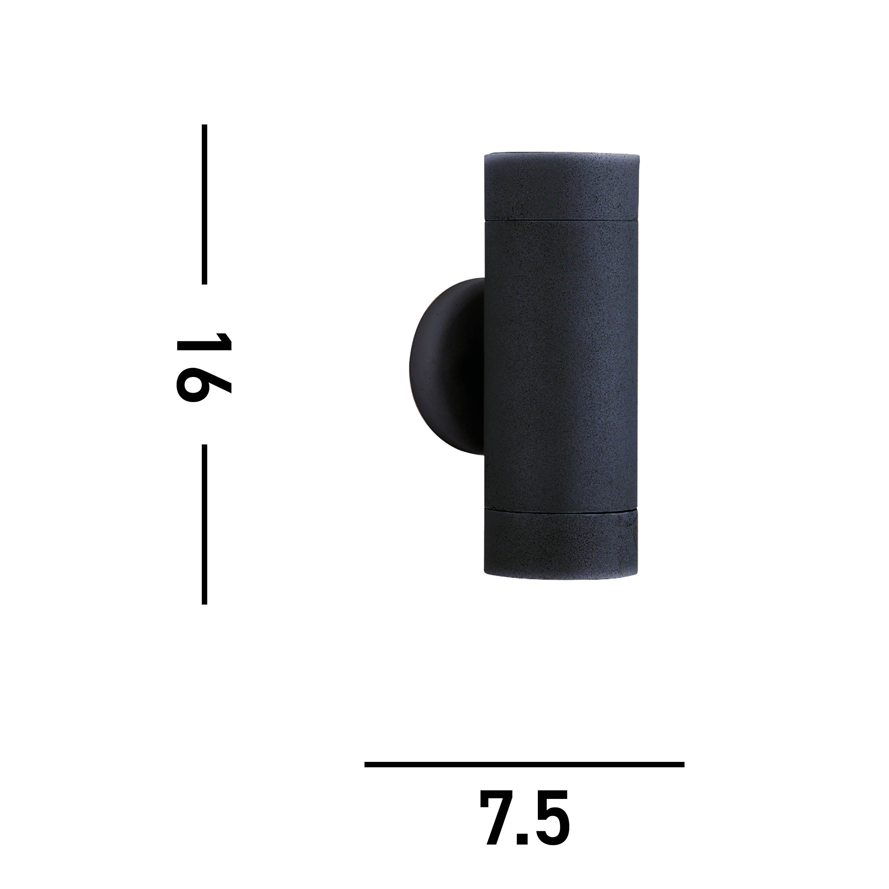 A black cylindrical outdoor wall light with measurements of 16cm height and 7.5cm width.