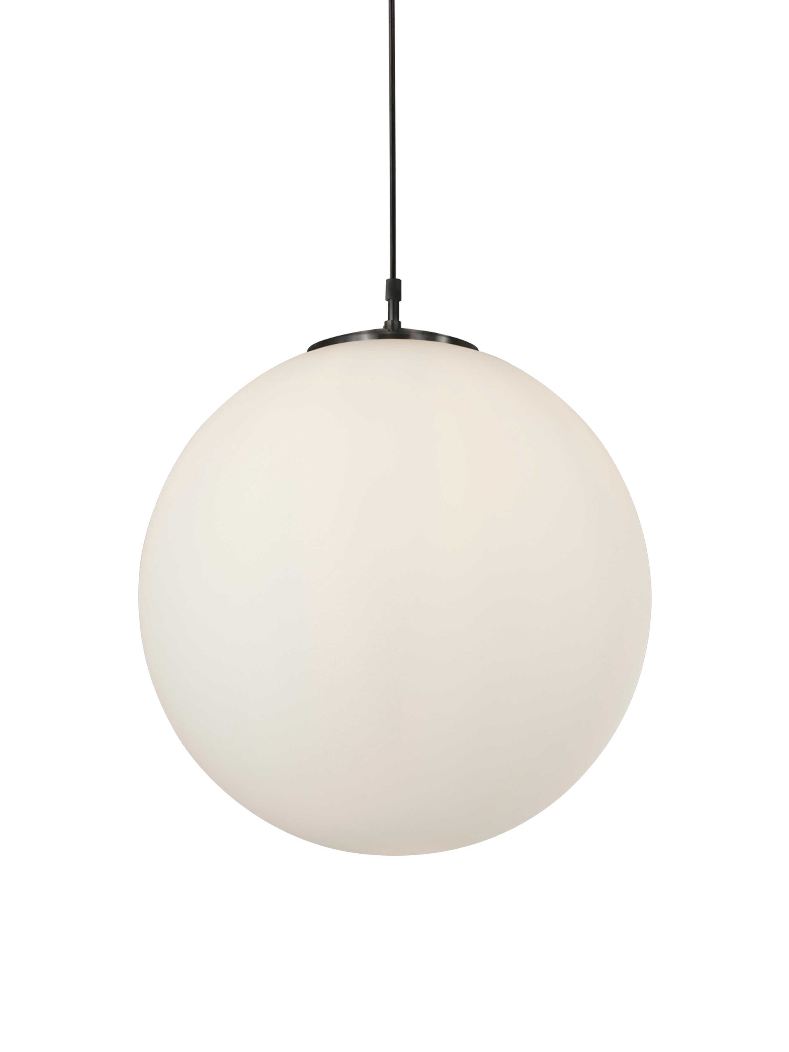 A white spherical pendant light with a black cord and base, shown against a white background.