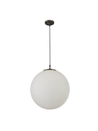 A white spherical pendant light with a black cord and ceiling mount, isolated on a white background.