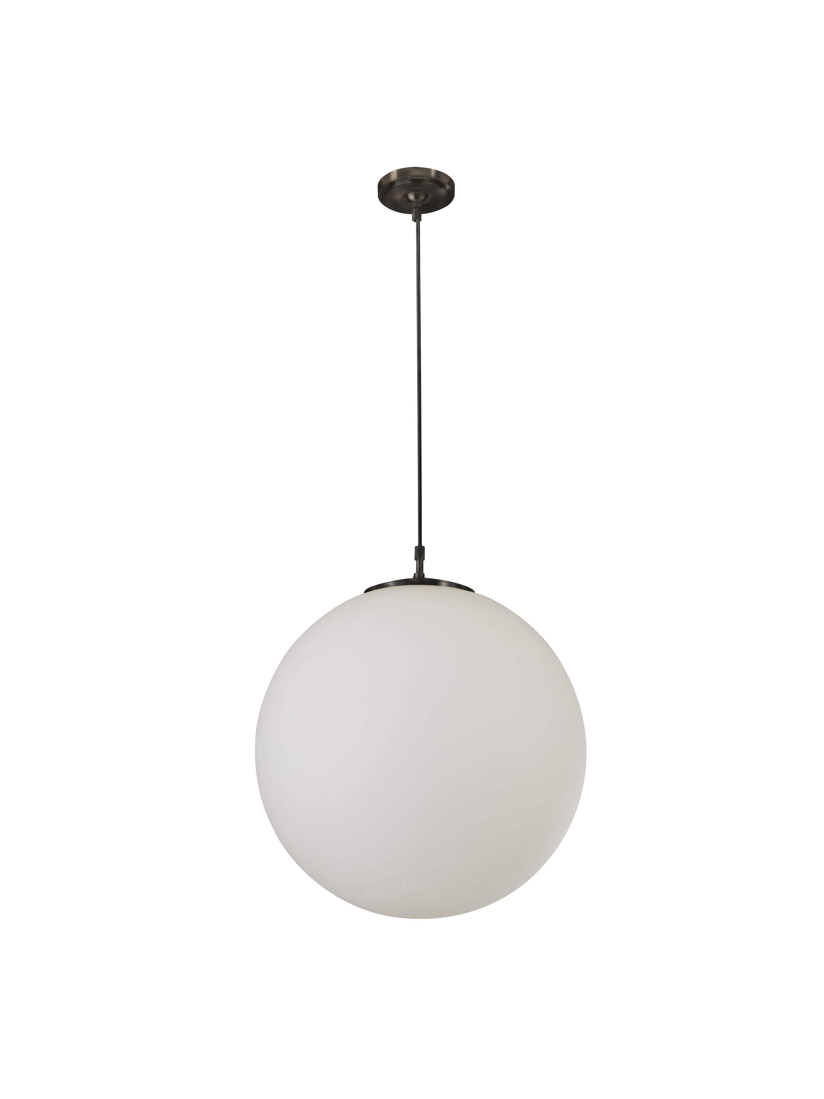A white spherical pendant light with a black cord and ceiling mount, isolated on a white background.