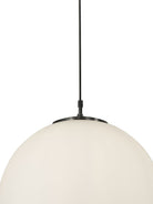Close-up of the top portion of a white spherical pendant light with a black suspension.