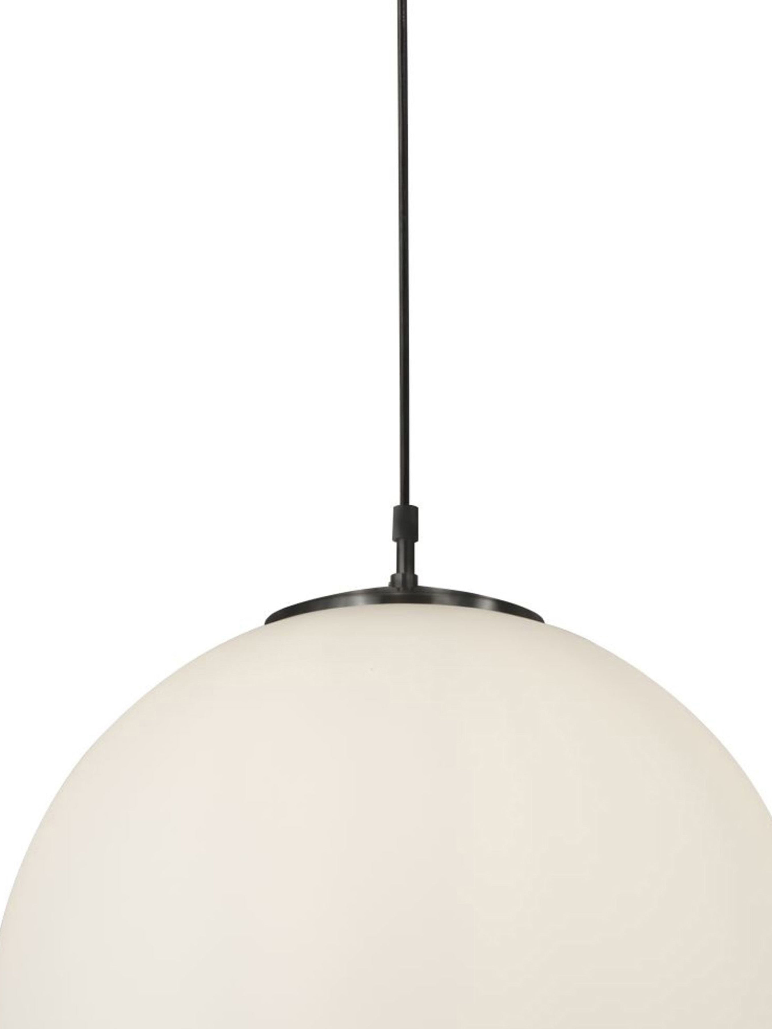 Close-up of the top portion of a white spherical pendant light with a black suspension.