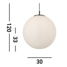 A white spherical pendant light with black suspension, displaying dimensions of 120, 33, and 30.