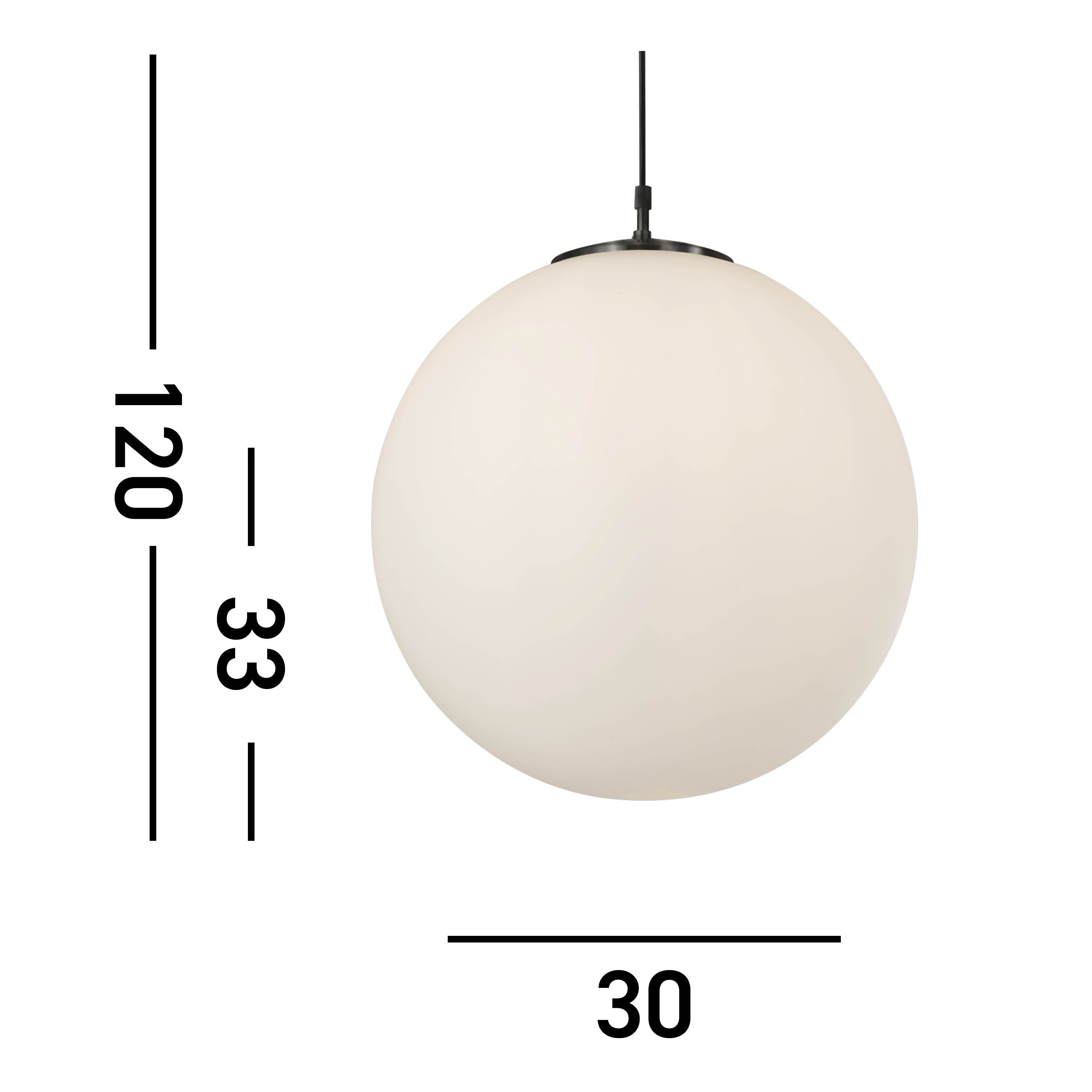 A white spherical pendant light with black suspension, displaying dimensions of 120, 33, and 30.