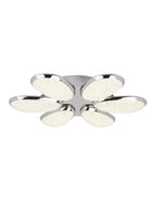 A close-up of a ceiling light with six chrome-finished, bubble-textured LED panels.